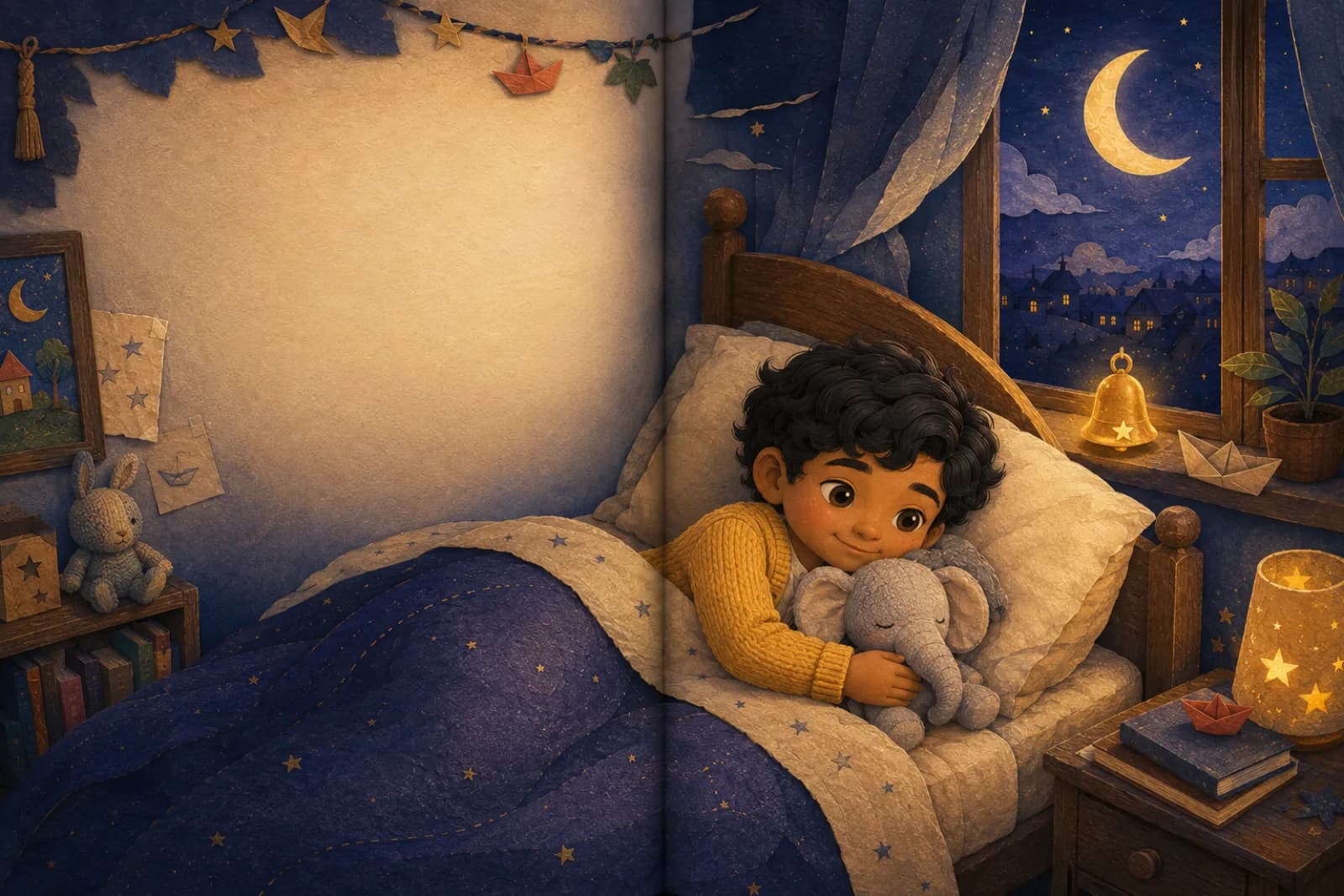 A MoonBell hardcover open flat at an illustrated spread (illustration — photography of the printed book is coming)