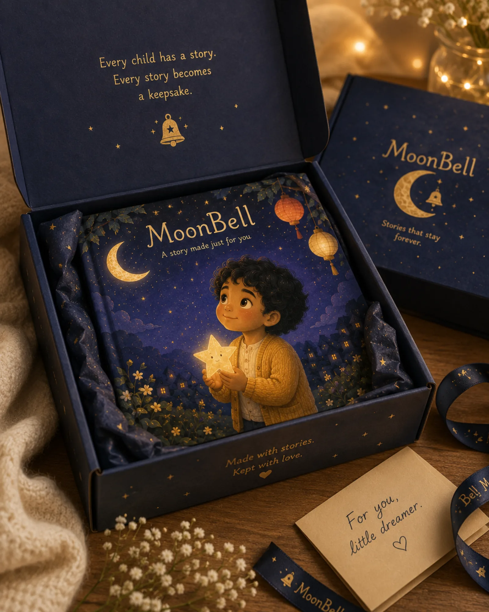A personalised MoonBell storybook in its navy gift box, with a ribbon and a handwritten note